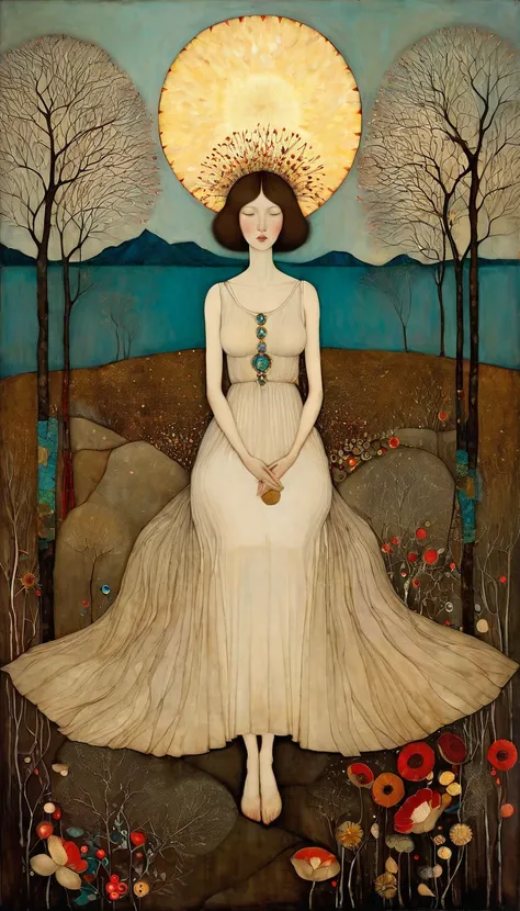 Art style by Klimt, Sam Toft, Florine Stettheimer, Dina Wakley, Catrin Welz-Stein, Gabriel Pacheco, Elisabeth Fredriks. A woman, brown hair, sitting in a barren land split by the sun, bare trees withered. She wears, a light dress that lets her breasts show...