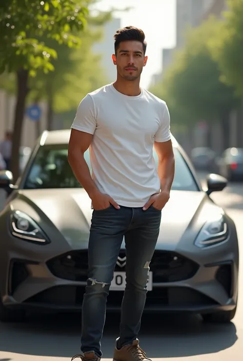 A handsome guy in his late 20s who is half Asian and half Italian wearing a casual clothes standing beside his car.