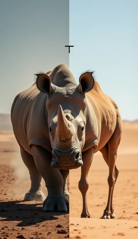 Rhino + Camel

"Create a split image featuring a powerful rhinoceros on the left side and a camel on the right. The rhino stands in a rugged, savannah-like environment with dusty ground and sparse vegetation. Highlight the thick, textured skin of the rhino...