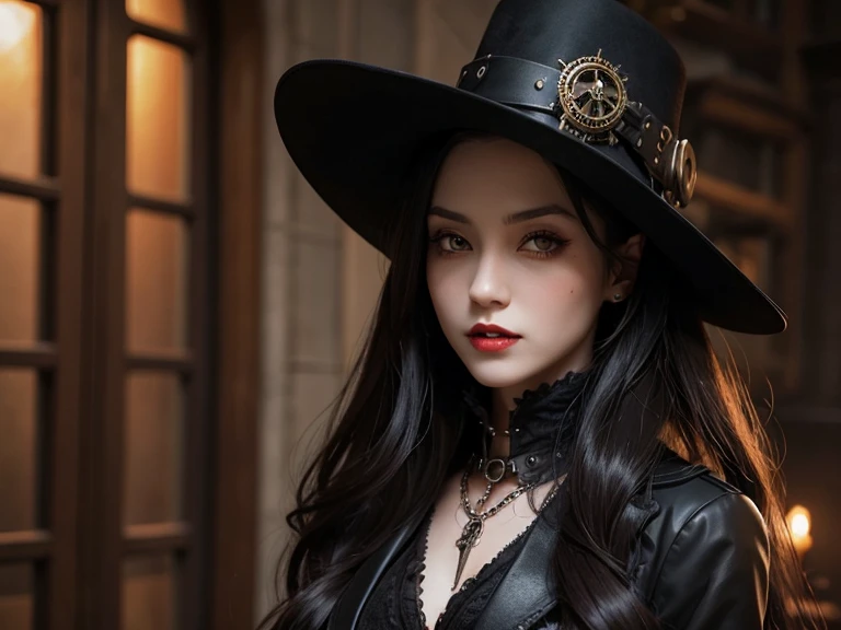 female vampire, with very long dark hair, dressed in black, steampunk style