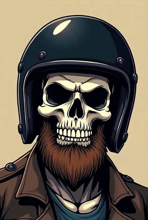 Skull with black roadbike helmet, with beard, cartoon style