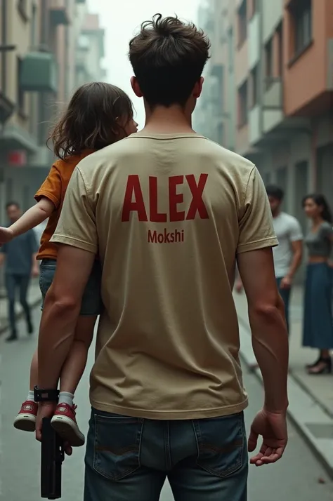 24 age old boy standing .. his tshirt backside printed in Alex .. he is hold in  gun right hand ..   girl baby in left hand , her tshirt backside printed on mokshi.. backside view image i want 