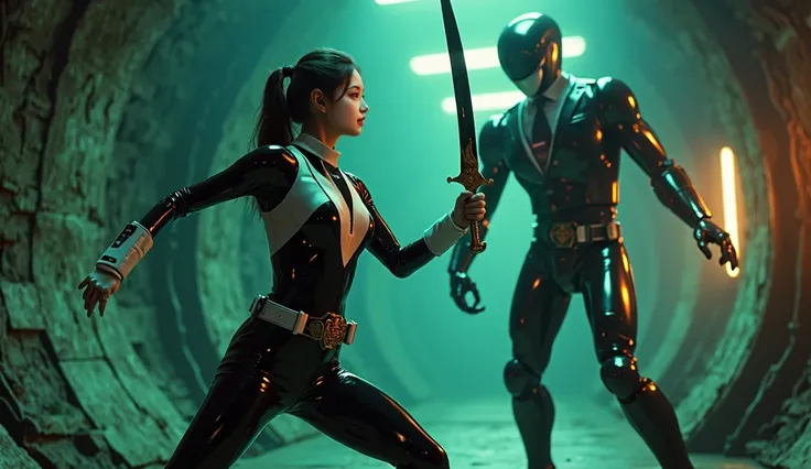  girl 19 years of age(extremely vivid face detailing) wearing a black Power rangers suit (shiny suit) white gloves, golden power rangers belt, dynamic pose, holding a black wide high tech sword, She is inside a dark tunnel place greenish hue, there is a en...