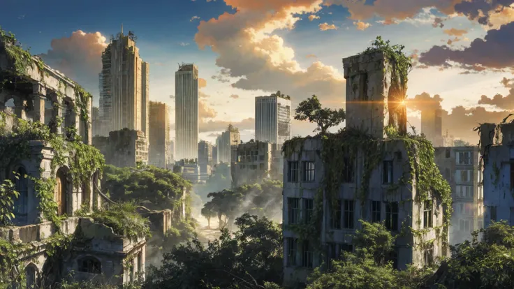 A beautiful post-apocalyptic world, mystical desolation with nature reclaiming ruins, lush greenery covering abandoned structures, trees and plants flourishing in a forgotten city, flowers blooming atop decaying buildings, sky painted in warm twilight hues...