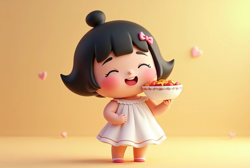 cute chubby girl , Bighead bang and short black hair, wear White dress ,smile face, close eyes, carry food bowl , , cute 3d cartoon, SD cartoon ,UHD, 4K, HD, best quality ,Full body 