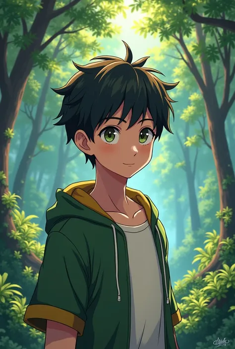 ((Best quality)), ((masterpiece)), (detailed), ((perfect face)), ((halfbody)) handsome face, male, teen boy, perfect proportions, a character from anime groove adventure Rave, short hair, male version, hiro mashima art, detailed ghibli forest background, d...