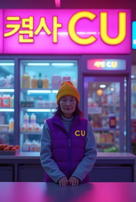 Korean CU convenience store
Put the logo of the CU brand on there which is purple and neon green

Remove the crowd. Add one singular korean lady in her mid 60s with a CU vest on with logo . Make sure she has a yellow beanie on too 