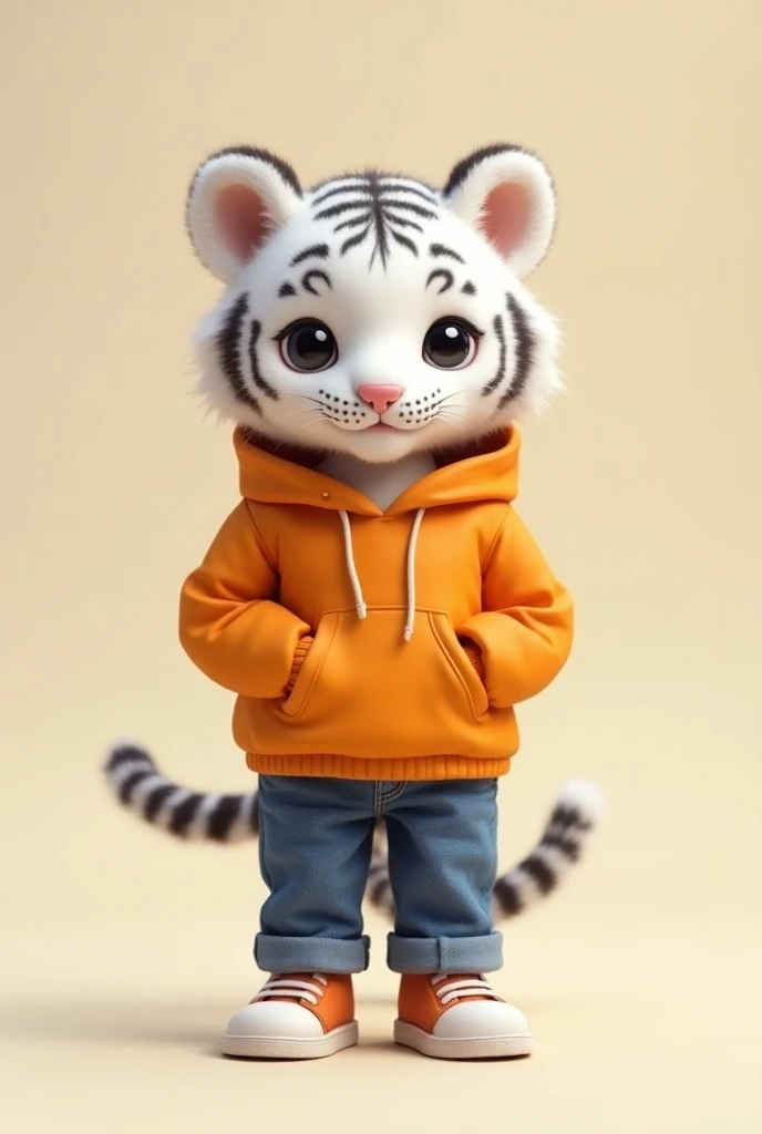  super cute white tiger baby 、 standing like a human being in casual fashion。orange vinyl fabric hoodie、Denim jeans、 sneakers、