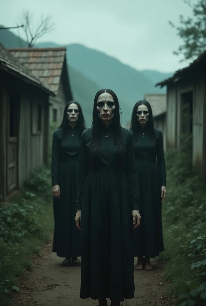 Generate a hyper-realistic image of horror women in a village to his friends 