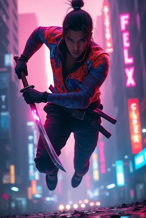  An asian CYBERPUNK man is jumping wearing a colorful neon suit,holding a samurai sword while facing the front , looks real , background with name  "FELIX CYBER " 