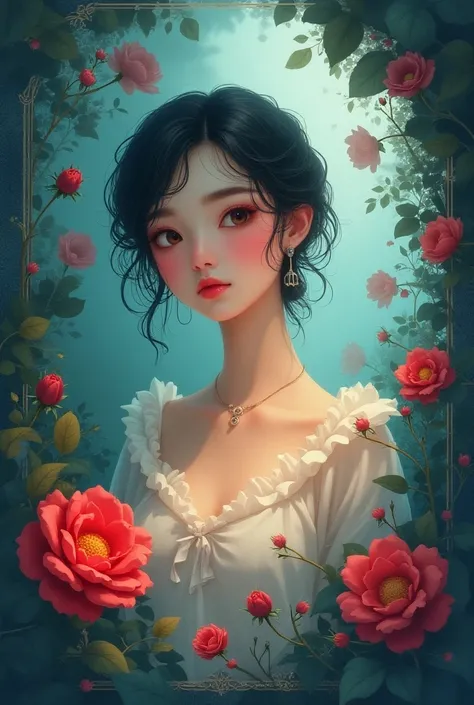 Exquisite details,  surreal atmosphere ,  ethereal beauty,  vibrant colors  ,  soft lighting, fantasy theme , mystical presence, Delicate Foliage ,  a beautiful red rose,  intricate patterns , Dream quality, Captivating gaze,  flat illustration 