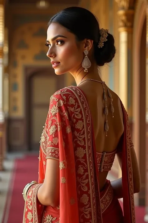 Backless deepneck blouse with saree for wedding