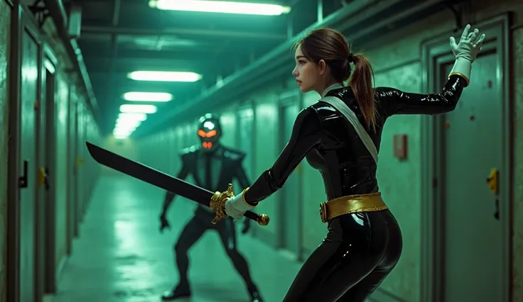  girl 19 years of age(extremely vivid face detailing) wearing a black Power rangers suit (shiny suit) white gloves, golden power rangers belt, dynamic pose, holding a black wide high tech sword, She is inside a dark tunnel place greenish hue, there is a en...