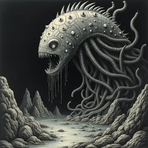 ((Art, highly realistic highly ultra-detailed drawing, in the style of Lovecraft, Elden Ring, Giger-inspired landscape with dark oozing liquid, many glowing eyes, countless mouths with sharp teeth, with shell plates, with small thin tentacles dotted with s...