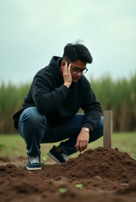 an Indonesian man wearing glasses, black hair, wearing a black hoodie, jeans, sneakers, squatting next to a mound of earth with a board stuck in it and saying "wanda", with a sad expression, with a background of a classical style grave area, clear sky, sug...