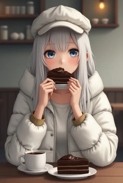 Korean woman with long straight white hair ,  deep blue eyes fair skin with freckles, Wearing a white puffer jacket with a cap eating a chocolate cake with coffee 