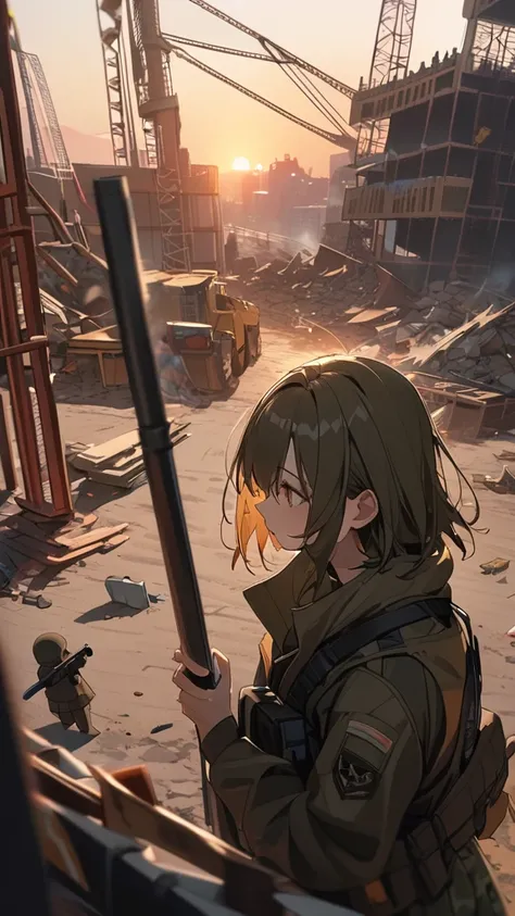 1 girl, (Calm expression),  Tactical Jackets,  Camouflage Skirt,  small breasts,  Figure Holding a Gun , break,   Light at Dusk , (Warm Light:1.3), shortage々Scary Tone ,  Vibrant Atmosphere ,  break,   Where Waste Is Scattered ,  Dust in the Wind ,  Unstab...