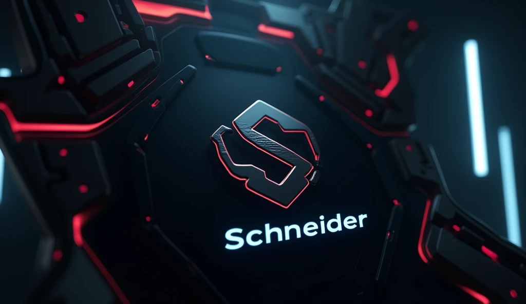 a dark modern logo, SCHNEIDER, AI technology, robots, dark futuristic, abstract, minimalist, geometric shapes, metallic textures, neon lights, moody lighting, cinematic, digital art, concept art, 8k, high quality, photorealistic, masterpiece