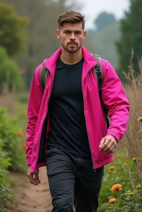 CREATE A 18 YEAR OLD BOY WHO HAVE LIGHT MUSCLES ON CHEST, BICEPS, AND SHOULDER IS GOING ON WEEDING SO HE WEAR PINK COAT, BLACK T SHIRT AND BLACK PENT.

