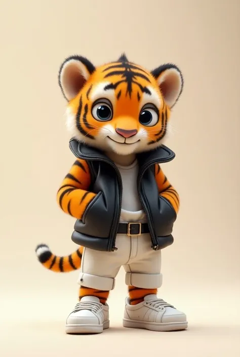 A super cute tiger baby、White trainers、black leather vest、 white pants made of vinyl fabric 、 sneakers、