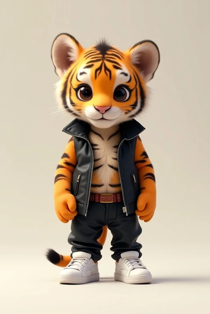 A super cute tiger baby、White trainers、black leather vest、 white pants made of vinyl fabric 、 sneakers、