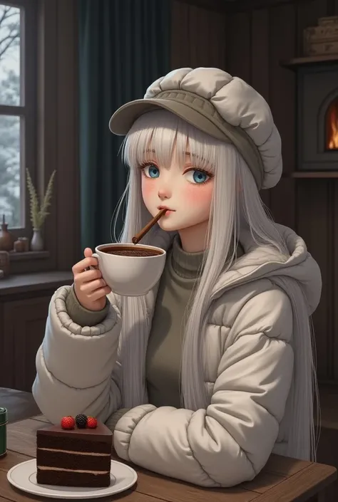 Korean woman with long straight white hair ,  deep blue eyes fair skin with freckles, Wearing a white puffer jacket with a cap eating a chocolate cake with coffee 


a rustic cabin with 1 double bed,A fireplace in the corner ,  a table with 2 chairs ,  and...