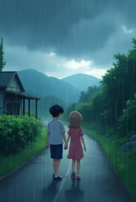 A anime girl and boy walk on road  and rain started 