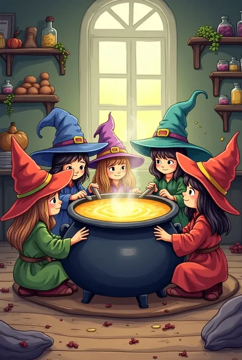 Little witches cooking soup, Coloring page