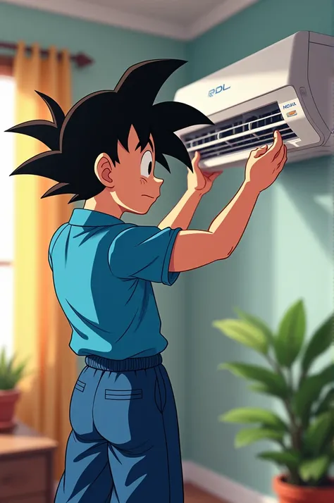 Create an image of Goku installing air conditioning with the RDL air conditioning and electric shirt blue polo t-shirt and blue pants black shoes