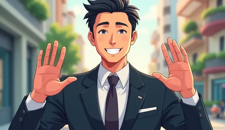 Score 9, 8 points up   , ,From the front,   masterpiece   ,HDR,illustration,Anime,Bokeh, A good-looking Thai man wearing a suit  ,  tied, tied ,   is waving both hands up, refusing, not getting a tense face.,  cartoon