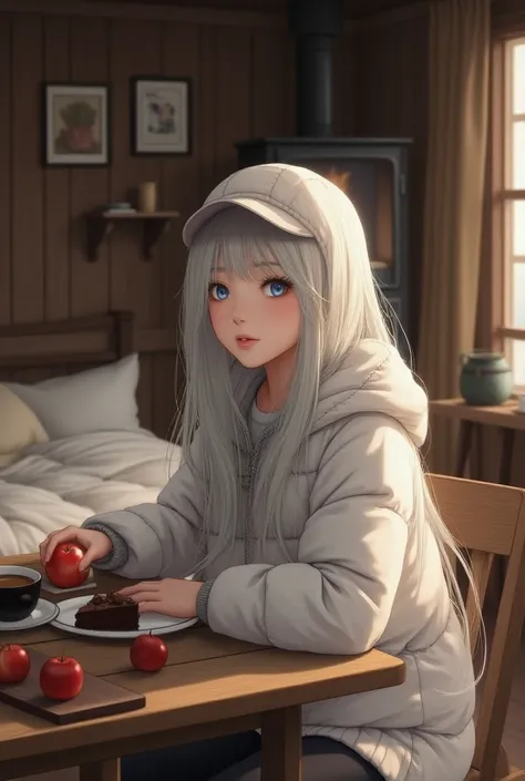 Korean woman with long straight white hair ,  deep blue eyes fair skin with freckles, wearing white puffer jacket with cap ,   eating a chocolate cake with coffee and an apple 


a rustic cabin with 1 double bed,A fireplace in the corner ,  a table with 2 ...