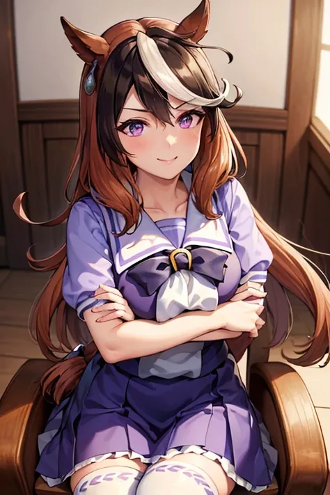 Symboli Rudolf,One person、girl、Horse tail、purple eyes,best quality,large breasts,whole body,seductive smile, tracen school uniform, sailor collar, bowtie, purple shirt, sailor shirt, short sleeves, white skirt, white thighhighs,white kneehighs,Narrowed sle...