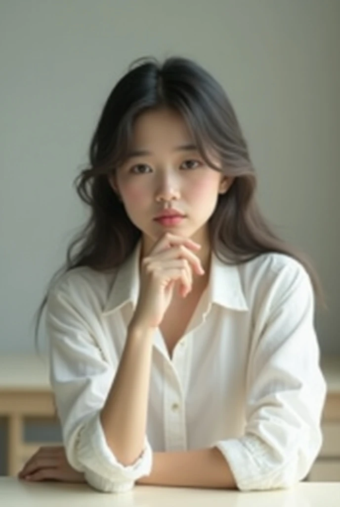 A girl with a white shirt sitting as she taps her fingers on the table. Front side position.