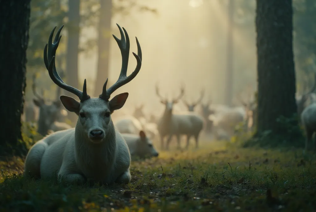 ((masterpiece)) ((photography)) ((highest quality))  a sharp-focus on a white deer in a dynamic scene behind him a group of deer...