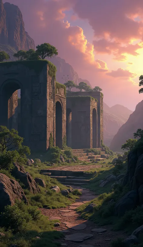 A sprawling, ancient landscape at twilight, with a mix of wild nature and the ruins of what appears to be a forgotten civilization. Massive stone structures partially buried in the ground, covered in moss and vines, suggest the existence of an advanced cul...