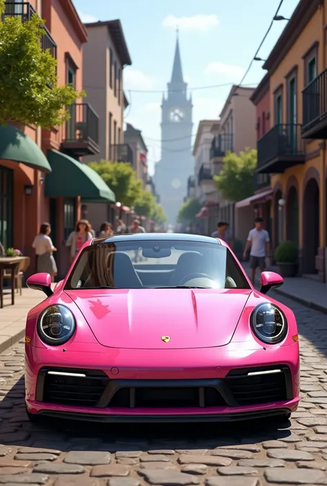 pink porsche 911 in old town road, look between