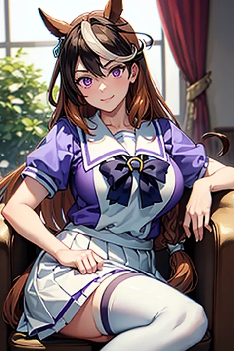 Symboli Rudolf,One person、girl、Horse tail、purple eyes,best quality,large breasts,whole body,seductive smile, tracen school uniform, sailor collar, bowtie, purple shirt, sailor shirt, short sleeves, white skirt, white thighhighs,white kneehighs,Narrowed sle...