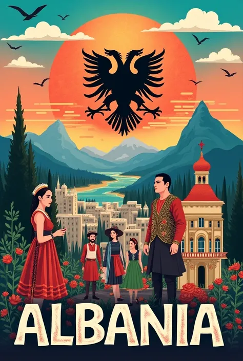 Create the poster of 4×6 size on the country albania with representing its  modern  and tradition culture  of people and the famous places and monuments  and the name Albania should be mentioned bold