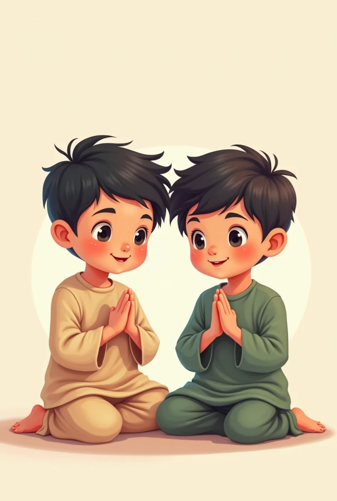 Two cute cartoon twin  Muslim Pakistani boys of four years age sitting on the floor and praying to Allah  with spread their hands 