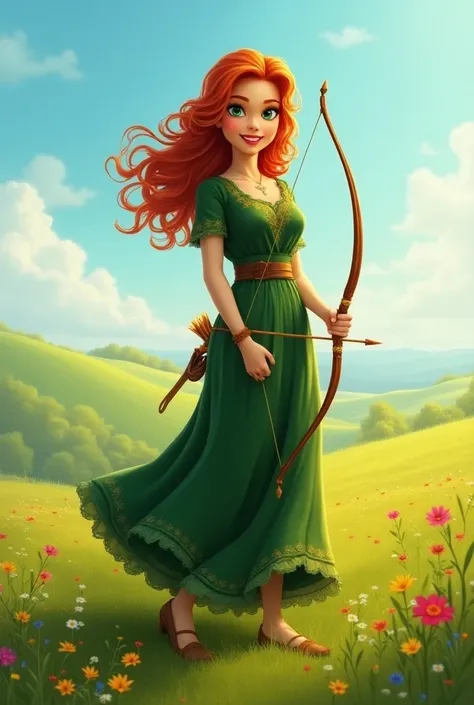 A beautiful teenager stands proudly atop a gentle hill, her fiery red curls cascading wildly around her shoulders, catching the sunlight and glowing like embers in the breeze. Her bright green eyes sparkle with a mixture of confidence and mischief as she l...