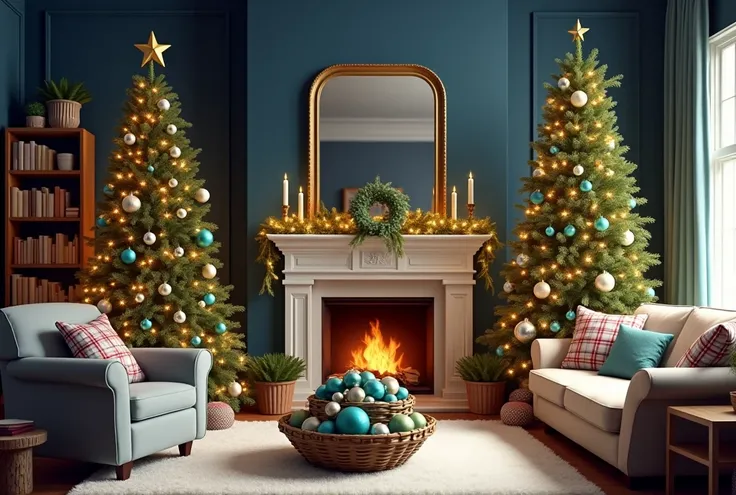 The image shows a living room decorated for Christmas. There are two large Christmas trees on either side of the fireplace, each with colorful ornaments and lights. The trees are decorated with red and blue plaid pillows and other festive decorations. In f...