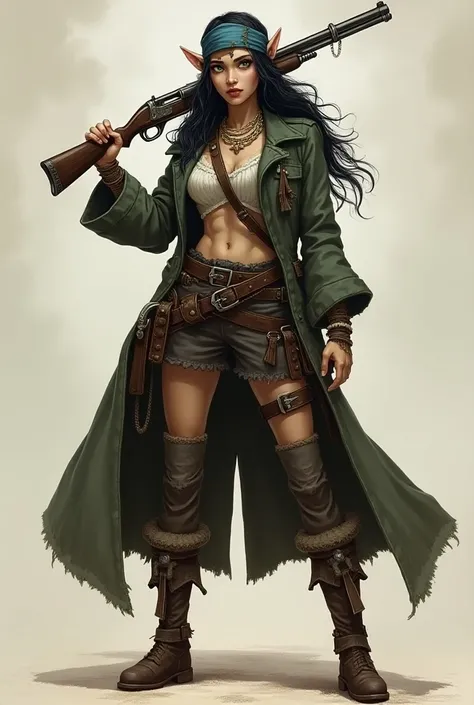 an elf woman, white, black hair,  green-eyed, pirate clothes, Aiming with a shotgun, RPG character, character design, Illustration, realistic,  full body 