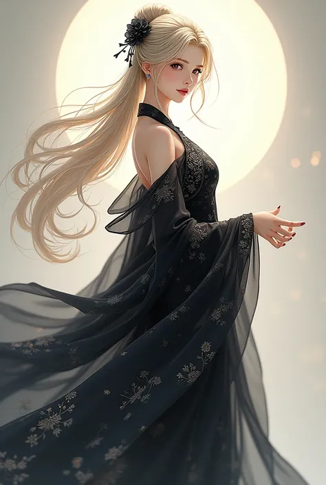 Anime woman wearing black hanfu dress, black eyes, blond hair, long hair
