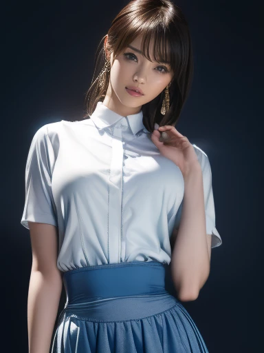        full body shot      、8k, masterpiece,   RAW Photos,   Best Quality , Realistic,    elegant suit wearing high-resolution CG Unity 8K wallpaper ,     Light blue mini skirt、 faces with a depth of writing    , Cinematic Light,      lens flare    ,      ...