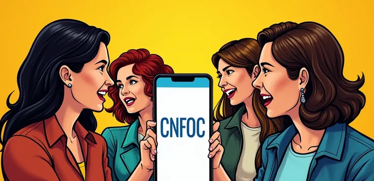 There is an image where women and men are talking, that is, gossip looking at their cell phones and next to it there must be an image of a cell phone with a Twitter page called CNFOC, so in the background of the image it must be yellow my cell phone must b...