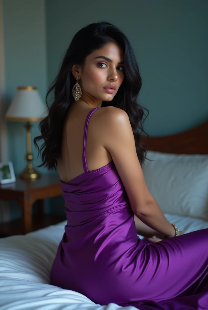 Create Image of Hot sexy beautiful white skin colour medium body size indian girl in purple colour stain silk short dress showing boobs and beautiful legs ,  cool colour room, decent bed