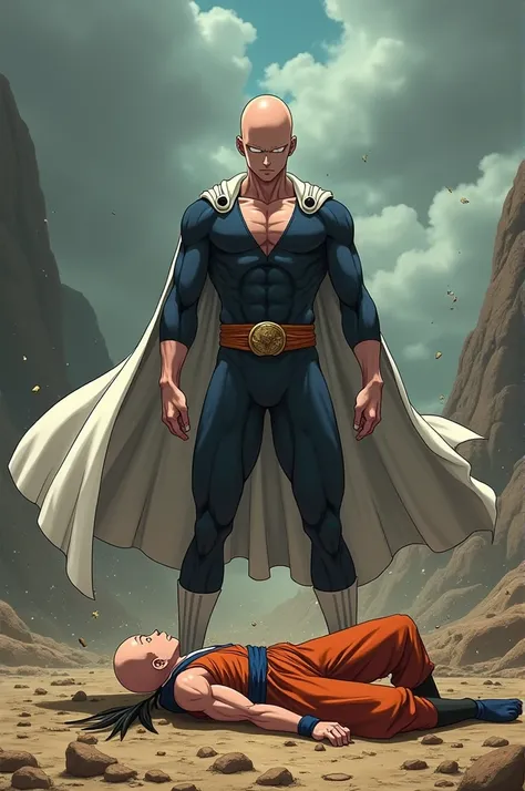 One punch man ने Gohan की छाती पर पैर रखकर खड़ा है 