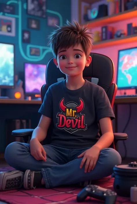 A normal size boy wear a t-shirt mr devil a.f logo in front he is inthe gaming room 