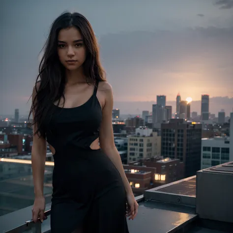 Generate an image of a beautiful young woman standing on a rooftop at dusk, with a city skyline illuminated in the background. The woman has long, dark wavy hair, warm skin tone, and a confident expression. She is wearing a black top that accentuates her f...