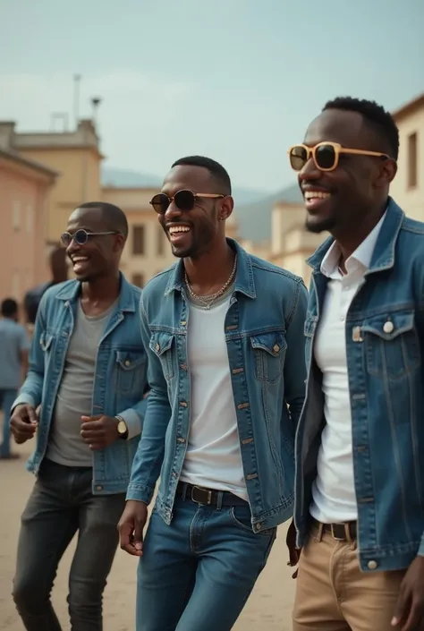 Un groupe dhommes dorigine ivoirienne qui dansent et chantent. Habillés en jeans et lunettes de soleil. Souriants
